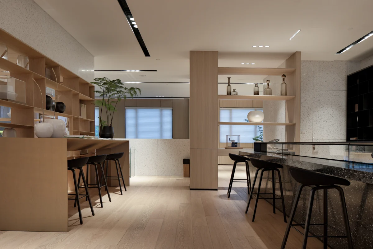 Sustainable building materials samples including terrazzo and UHPC for interior design